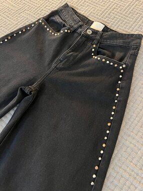 Black High-Rise Wide-Leg Jeans with Tri-Color Studs XS